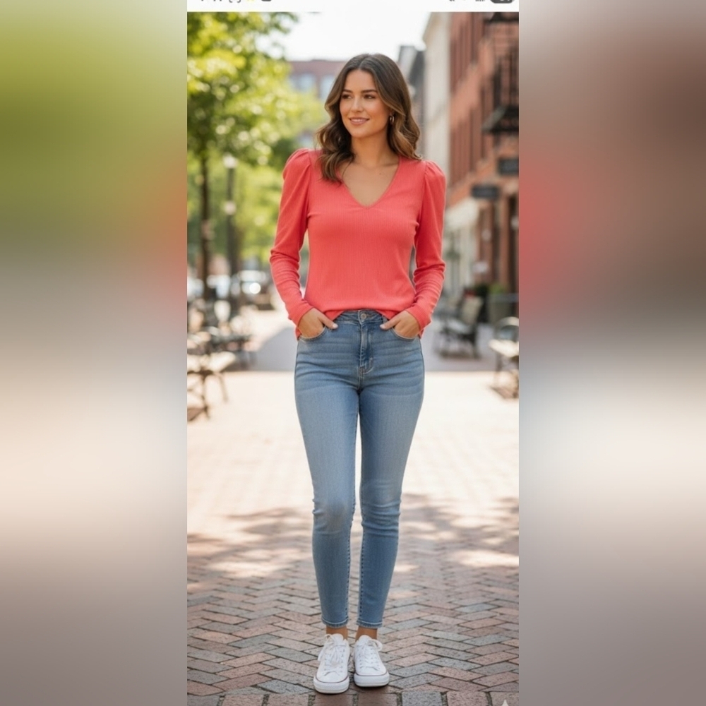 INC International Concepts Coral Ribbed Long Sleeve Top